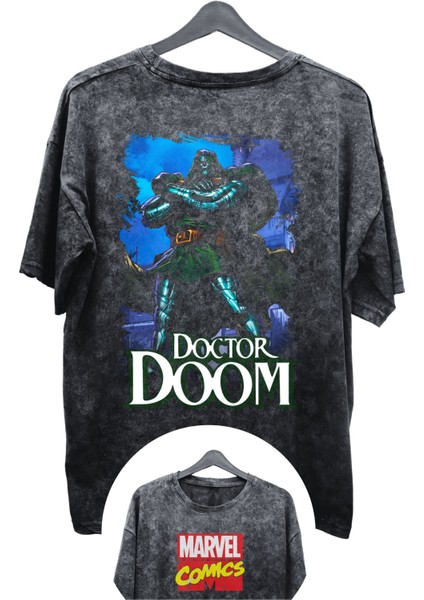 Unisex Doctor Doom Baskılı Yıkamalı Tişört, Oversize Marvel Comics Baskılı Retro T-Shirt