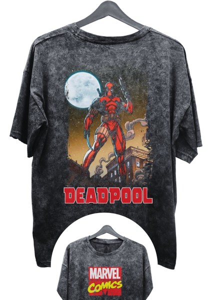 Unisex V2 Deadpool Baskılı Yıkamalı Tişört, Oversize Marvel Comics Baskılı Retro T-Shirt