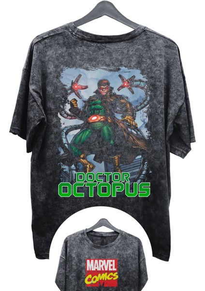 Unisex Doctor Octopus Baskılı Yıkamalı Tişört, Oversize Marvel Comics Baskılı Vintage T-Shirt
