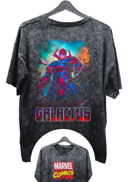 Unisex Galactus Baskılı Yıkamalı Tişört, Oversize Marvel Comics Baskılı Retro T-Shirt