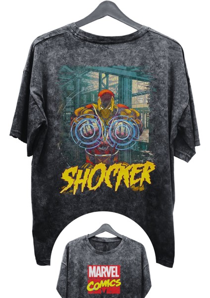 Unisex Shocker Baskılı Yıkamalı Tişört, Oversize Marvel Comics Baskılı Eskitme T-Shirt