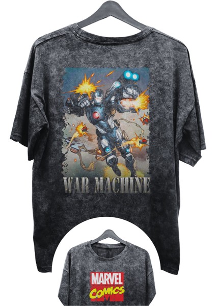 Unisex War Machine Baskılı Yıkamalı Tişört, Oversize Marvel Comics Baskılı Retro T-Shirt