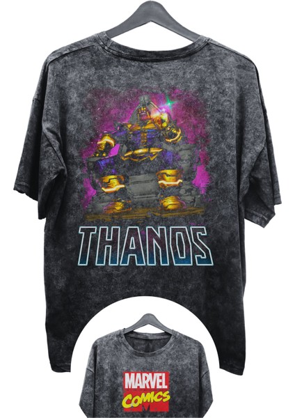 Unisex Thanos Baskılı Yıkamalı Tişört, Oversize Marvel Comics Baskılı Eskitme T-Shirt