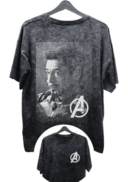 Unisex Demir Adam Baskılı Yıkamalı Tişört, Oversize Avengers Baskılı Eskitme T-Shirt