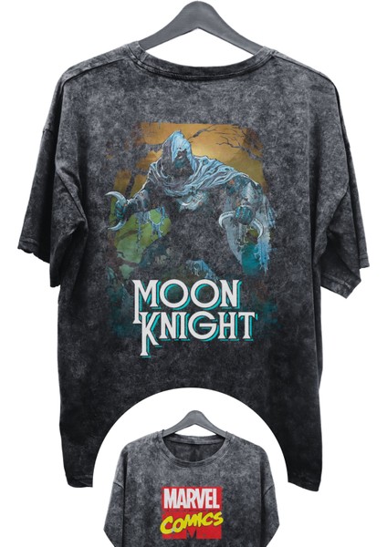 Unisex Moon Knight Baskılı Yıkamalı Tişört, Oversize Marvel Comics Baskılı Vintage T-Shirt
