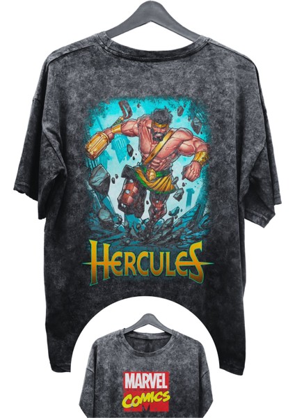 Unisex Hercules Baskılı Yıkamalı Tişört, Oversize Marvel Comics Baskılı Eskitme T-Shirt