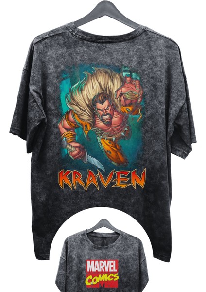 Unisex Kraven Baskılı Yıkamalı Tişört, Oversize Marvel Comics Baskılı Retro T-Shirt