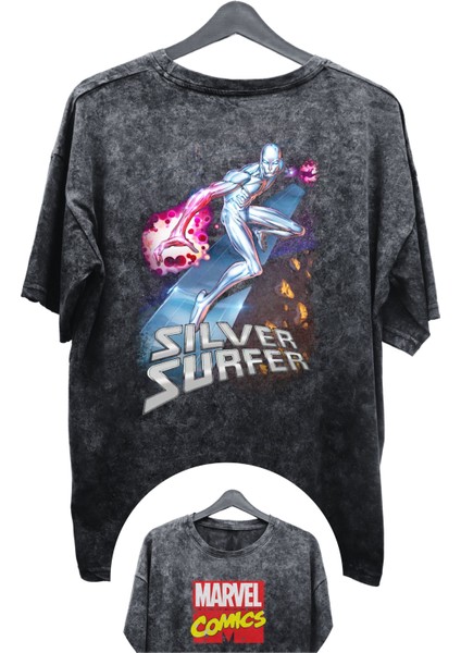 Unisex Silver Surfer Baskılı Yıkamalı Tişört, Oversize Marvel Comics Baskılı Retro T-Shirt