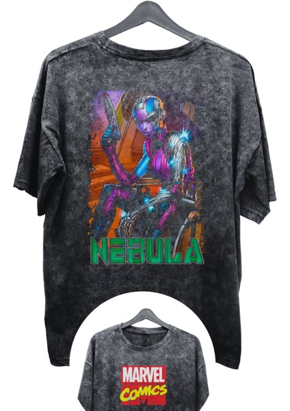 Unisex Nebula Baskılı Yıkamalı Tişört, Oversize Marvel Comics Baskılı Retro T-Shirt