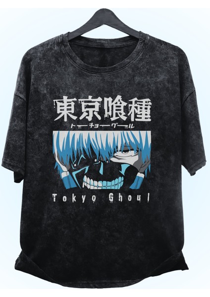 Unisex Tokyo Ghoul Baskılı Yıkamalı Tişört, Oversize Anime Baskılı Eskitme T-Shirt