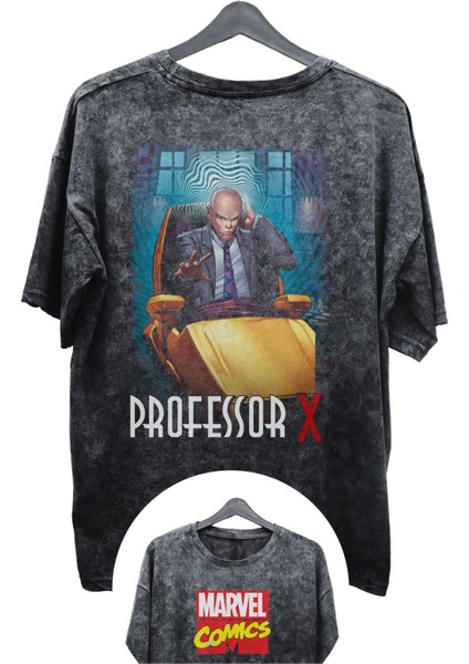 Unisex Professor x Baskılı Yıkamalı Tişört, Oversize Marvel Comics Baskılı Eskitme T-Shirt