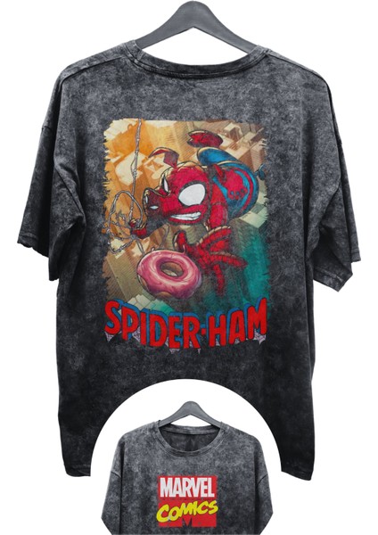 Unisex Spider-Ham Baskılı Yıkamalı Tişört, Oversize Marvel Comics Baskılı Vintage T-Shirt