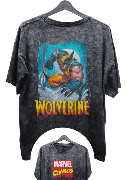 Unisex V2 Wolverine Ex Baskılı Yıkamalı Tişört, Oversize Marvel Comics Baskılı Vintage T-Shirt