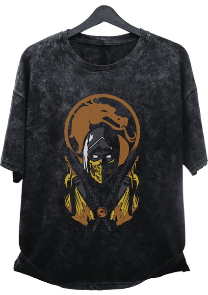 Unisex Scorpion Baskılı Yıkamalı Tişört, Oversize Mortal Kombat Baskılı Retro T-Shirt