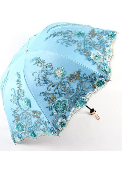 Dantel Katlanır Kadın Yağmur Şemsiye Kızlar Şemsiye Etkinlik Düğün Su Geçirmez Anti-Uv Şemsiye Paraguas Guarda Chuva Sombrinha (Mavi) (Yurt Dışından)