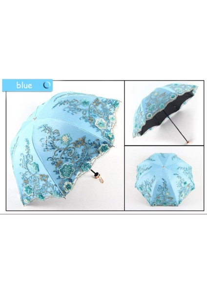 Dantel Katlanır Kadın Yağmur Şemsiye Kızlar Şemsiye Etkinlik Düğün Su Geçirmez Anti-Uv Şemsiye Paraguas Guarda Chuva Sombrinha (Mavi) (Yurt Dışından)
