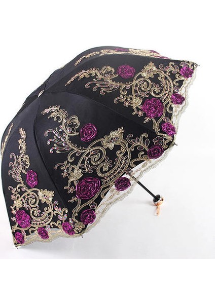 Dantel Katlanır Kadın Yağmur Şemsiye Kızlar Şemsiye Etkinlik Düğün Su Geçirmez Anti-Uv Şemsiye Paraguas Guarda Chuva Sombrinha (Pembe) (Yurt Dışından)