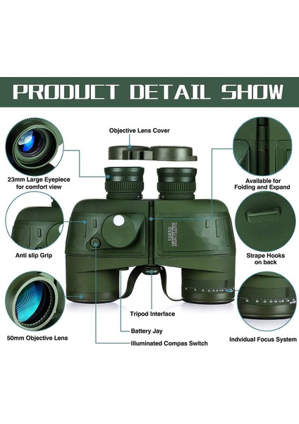 10X50 Deniz Dürbünleri, Gece Görüşlü Dürbün, Ranger ve Pusula, Su Sporları Tutkunları ve Hobi Denizcileri Için, Sürekli Hazır Kılıf, Toz Kapakları ve Omuz Askısı, (Yeşil) (Yurt Dışından) modelleri