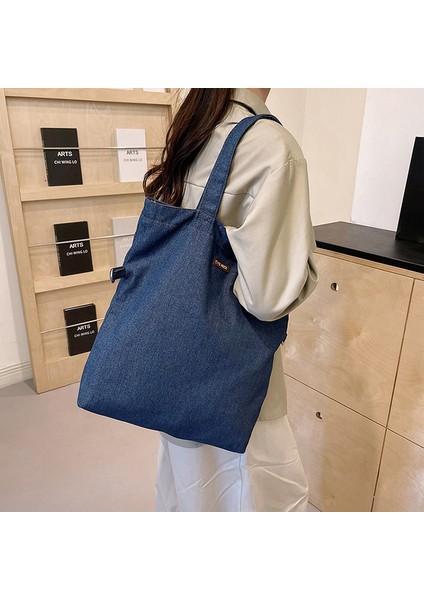 Retro Edebi Işlemeli Denim Çanta Ins Tarzı Moda Kampüs Çok Yönlü Omuz Çantası Japon Rahat Crossbody Kova Çantası (Yurt Dışından)