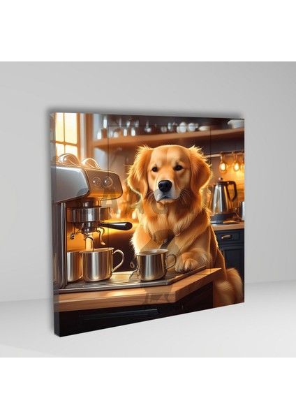 Kare Kanvas Kahve Köşesi Cafe Tablosu Barista Golden Retriever