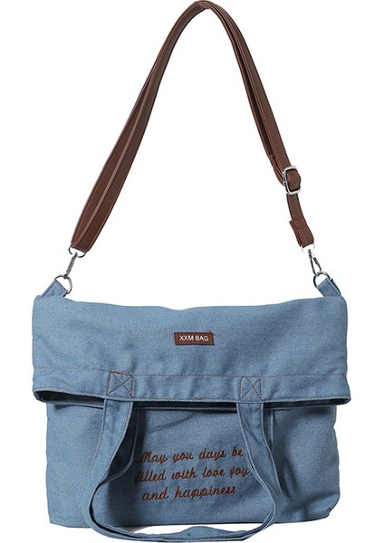 Retro Edebi Işlemeli Denim Çanta Ins Tarzı Moda Kampüs Çok Yönlü Omuz Çantası Japon Rahat Crossbody Kova Çantası (Yurt Dışından)