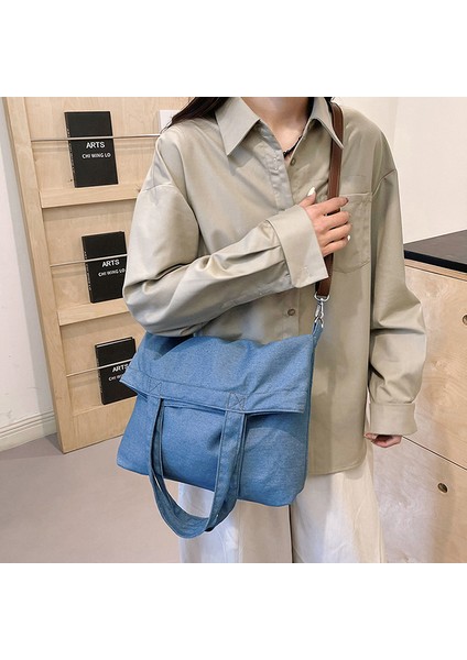 Retro Edebi Işlemeli Denim Çanta Ins Tarzı Moda Kampüs Çok Yönlü Omuz Çantası Japon Rahat Crossbody Kova Çantası (Yurt Dışından)