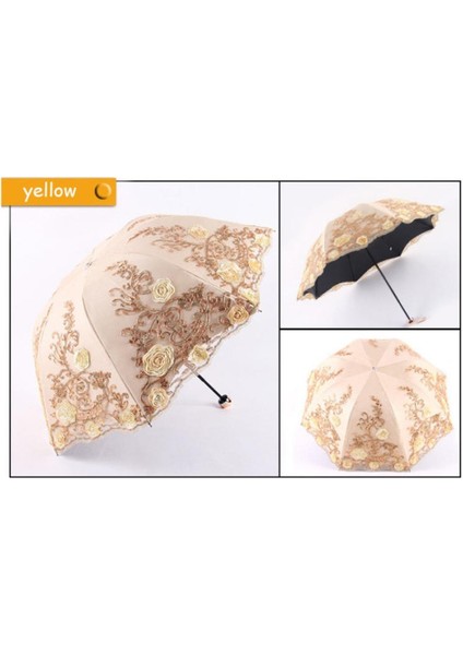 Dantel Katlanır Kadın Yağmur Şemsiye Kızlar Şemsiye Etkinlik Düğün Su Geçirmez Anti-Uv Şemsiye Paraguas Guarda Chuva Sombrinha (Sarı) (Yurt Dışından)
