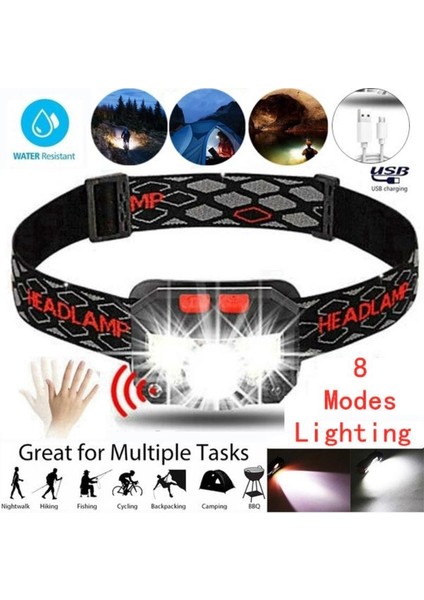 Cob LED Sensörlü Far USB Şarj Edilebilir El Feneri 8 Işık Modu Su Geçırmez Mini Far Kafa Işık Torch Dahili 18650 Pil Koşu Yürüyüş Kamp Okuma Balıkçılık (Yurt Dışından)