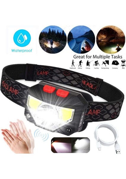 Cob LED Sensörlü Far USB Şarj Edilebilir El Feneri 8 Işık Modu Su Geçırmez Mini Far Kafa Işık Torch Dahili 18650 Pil Koşu Yürüyüş Kamp Okuma Balıkçılık (Yurt Dışından)