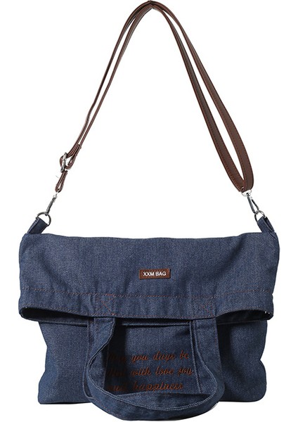 Retro Edebi Işlemeli Denim Çanta Ins Tarzı Moda Kampüs Çok Yönlü Omuz Çantası Japon Rahat Crossbody Kova Çantası (Yurt Dışından)