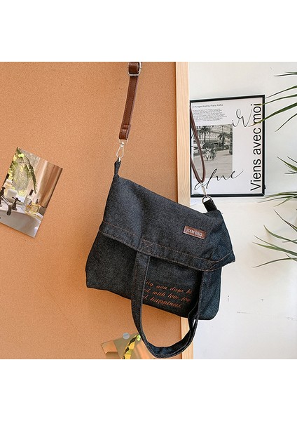 Retro Edebi Işlemeli Denim Çanta Ins Tarzı Moda Kampüs Çok Yönlü Omuz Çantası Japon Rahat Crossbody Kova Çantası (Yurt Dışından)