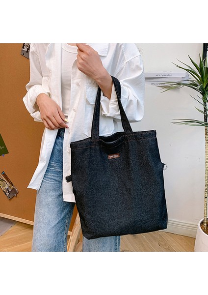 Retro Edebi Işlemeli Denim Çanta Ins Tarzı Moda Kampüs Çok Yönlü Omuz Çantası Japon Rahat Crossbody Kova Çantası (Yurt Dışından)