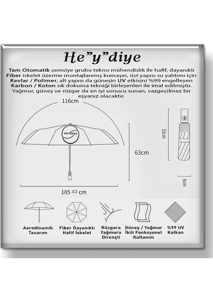 He”y”diye Tam Otomatik Kemankeş (UDF99+ Güneş / Yağmur) Hafif Fiber Iskeletli Şemsiye