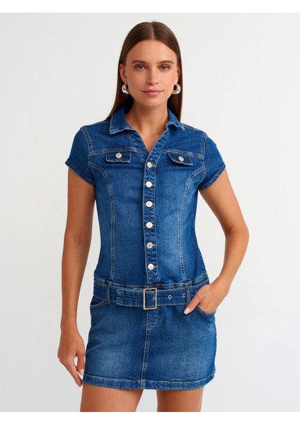 90539 Düğmeli Denim Mini Elbise-Mavi