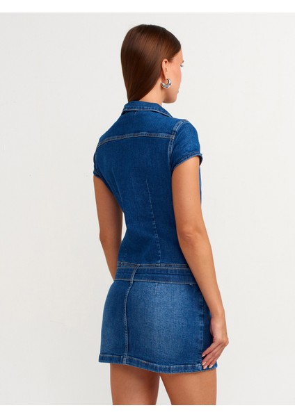 90539 Düğmeli Denim Mini Elbise-Mavi