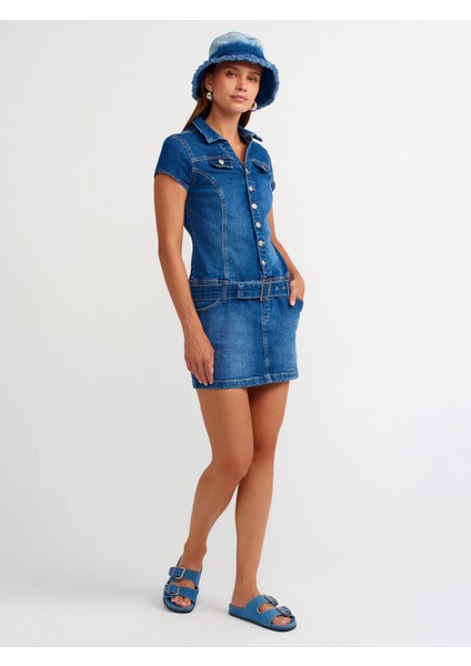 90539 Düğmeli Denim Mini Elbise-Mavi