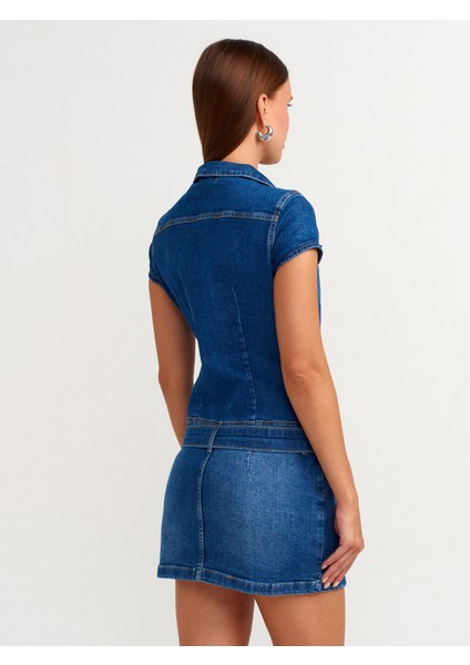 90539 Düğmeli Denim Mini Elbise-Mavi fiyatları