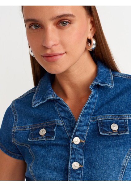 90539 Düğmeli Denim Mini Elbise-Mavi fırsatları