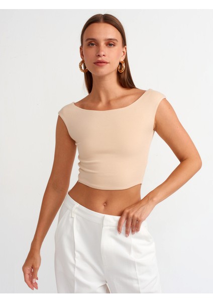 20869 Kayık Yaka Crop Top-Açık Bej
