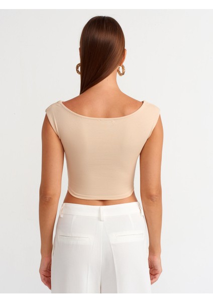 20869 Kayık Yaka Crop Top-Açık Bej