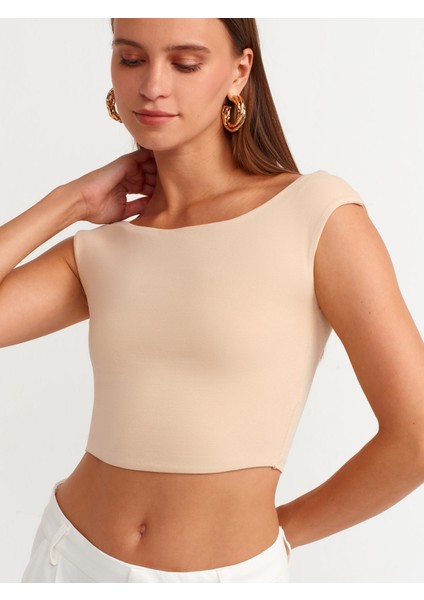 20869 Kayık Yaka Crop Top-Açık Bej