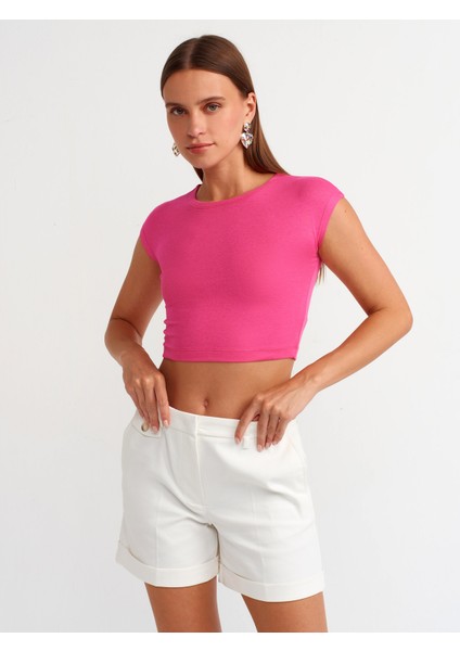 30528 Pamuk ve Modal Karışımlı Crop Top-Fuşya