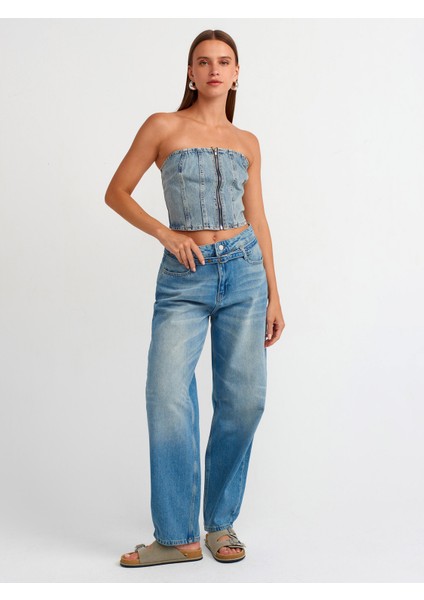 71502 Ince Kemerli Denim Balon Pantolon-Mavi