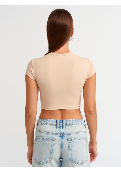 30936 Vücuda Oturan Crop Top-Açık Bej