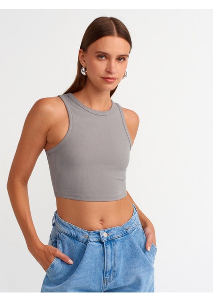 20820 Dikiş Efektli Crop Top-Gri