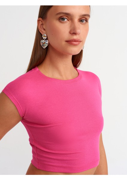 30528 Pamuk ve Modal Karışımlı Crop Top-Fuşya