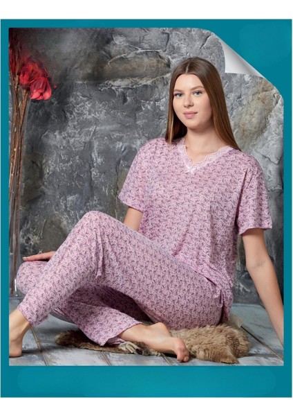 Kadın Bambu Yakası Nakışlı V Yaka Kısa Kol Pijama Takımı P300/523 - 1 Adet