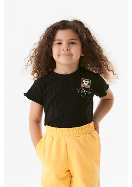 Kabartma Baskılı Bisiklet Yaka Kız Çocuk Tişört