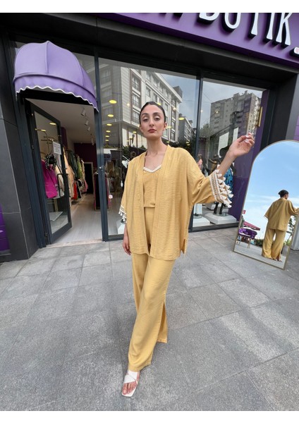 Kol detaylı salaş keten kimono SAFRAN SARISI modelleri