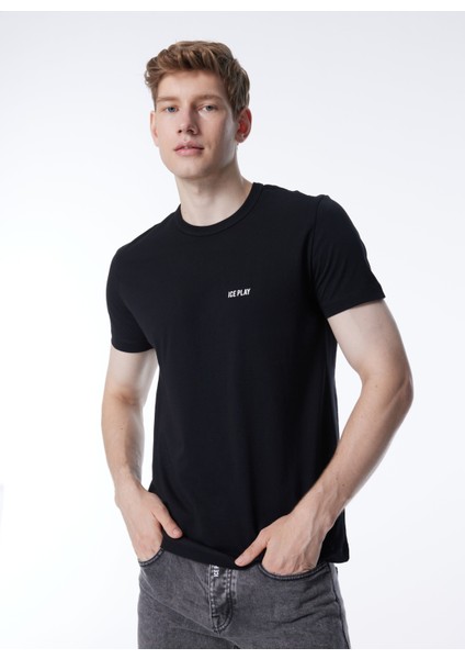 Bisiklet Yaka Düz Siyah Erkek T-Shirt 24EU1M0F01JP400_T-SHIRT